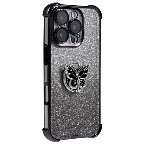 For iPhone 16 Pro Max Case Butterfly Kickstand Glitter TPU Shockproof Phone Cover - Black - 1