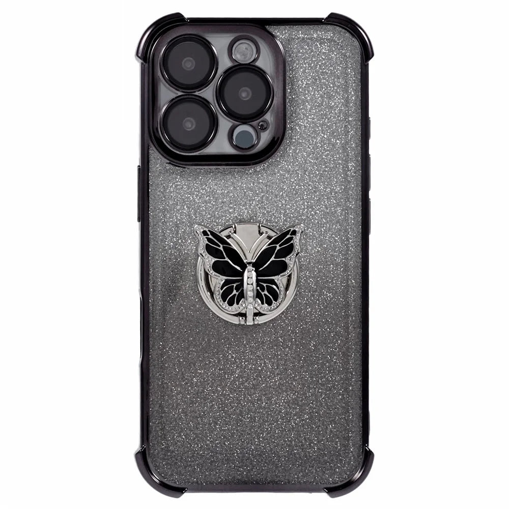 For iPhone 16 Pro Max Case Butterfly Kickstand Glitter TPU Shockproof Phone Cover - Black - 3