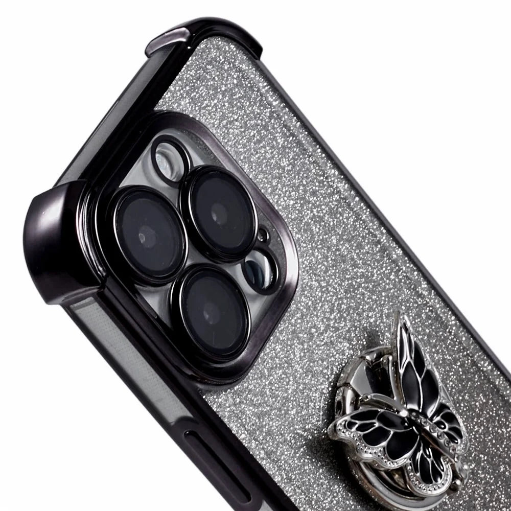 For iPhone 16 Pro Max Case Butterfly Kickstand Glitter TPU Shockproof Phone Cover - Black - 7