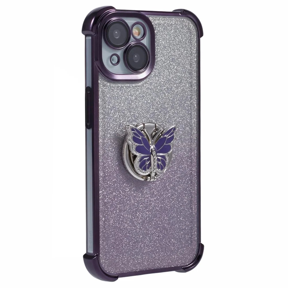For iPhone 14 Case Butterfly Kickstand Glitter TPU Shockproof Phone Cover - Purple - 1