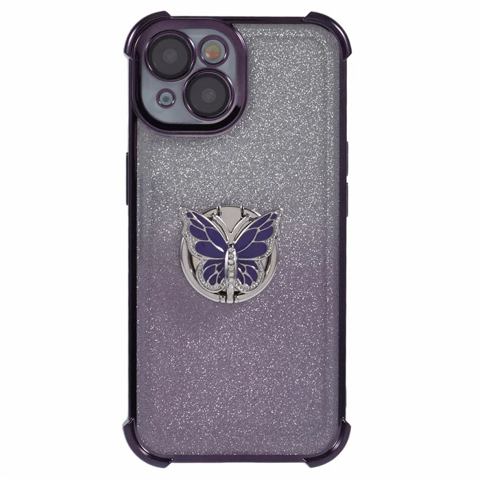 For iPhone 14 Case Butterfly Kickstand Glitter TPU Shockproof Phone Cover - Purple - 3