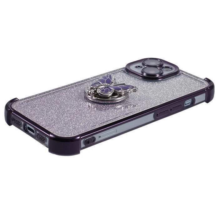For iPhone 14 Case Butterfly Kickstand Glitter TPU Shockproof Phone Cover - Purple - 6