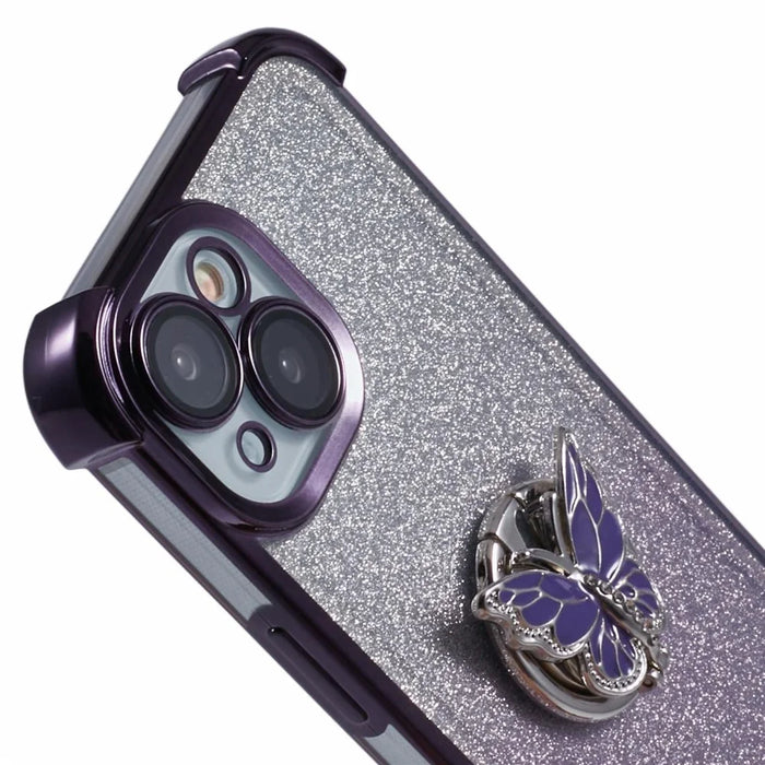 For iPhone 14 Case Butterfly Kickstand Glitter TPU Shockproof Phone Cover - Purple - 7