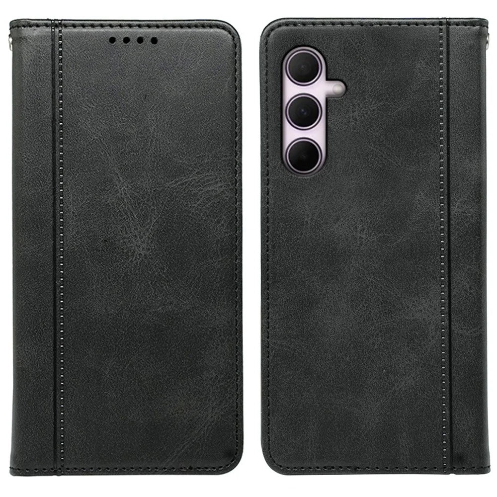 For Samsung Galaxy S25+ Case Hidden Magnetic Closure Calf Texture Leather Phone Cover - Black - 1