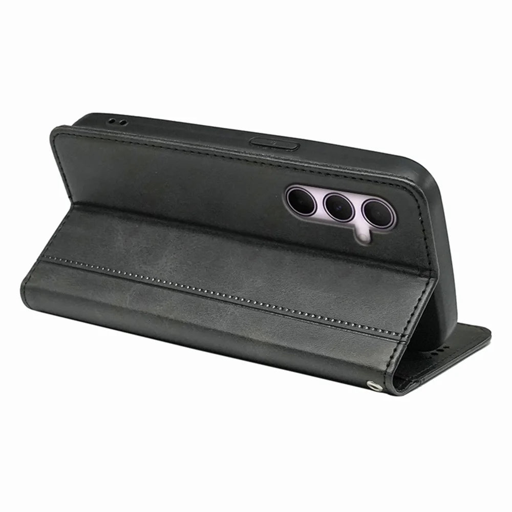 For Samsung Galaxy S25+ Case Hidden Magnetic Closure Calf Texture Leather Phone Cover - Black - 4