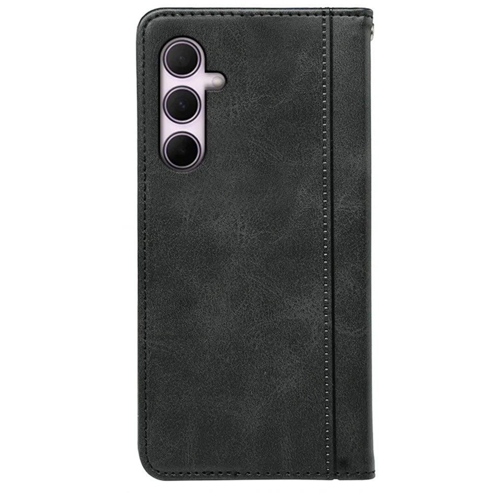For Samsung Galaxy S25+ Case Hidden Magnetic Closure Calf Texture Leather Phone Cover - Black - 6