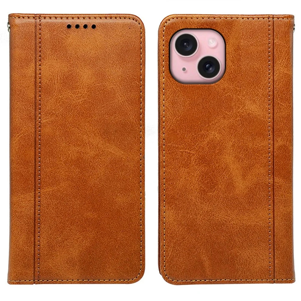 For iPhone 15 Case Hidden Magnetic Closure Calf Texture Leather Phone Cover - Yellow - 1