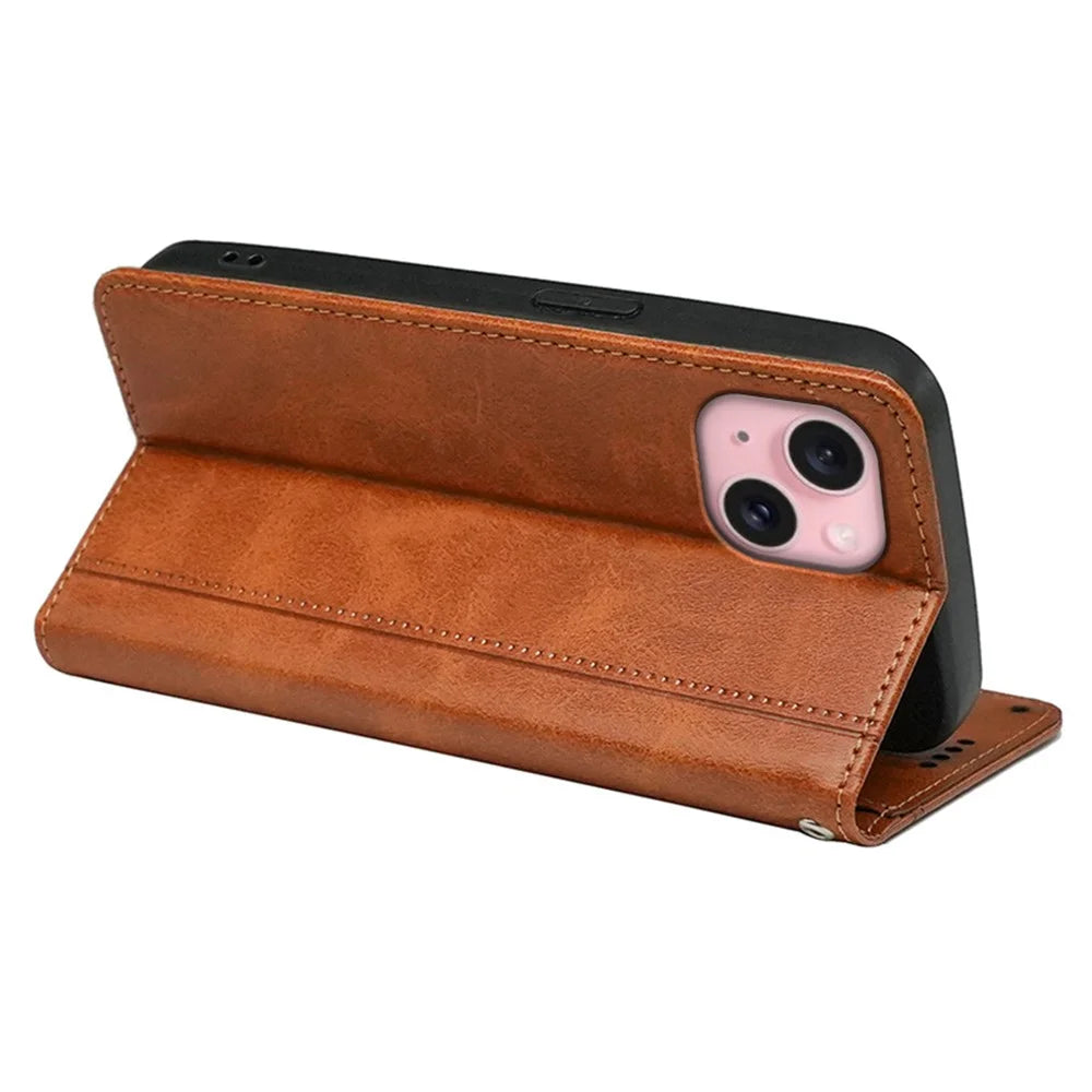 For iPhone 15 Case Hidden Magnetic Closure Calf Texture Leather Phone Cover - Yellow - 4