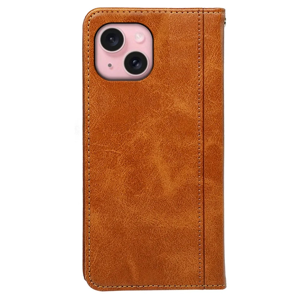 For iPhone 15 Case Hidden Magnetic Closure Calf Texture Leather Phone Cover - Yellow - 6