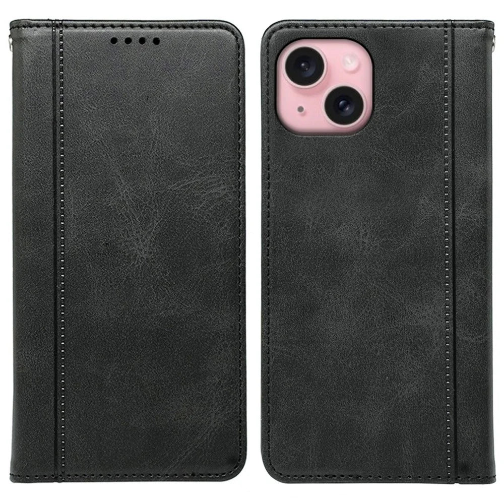 For iPhone 14 Case Hidden Magnetic Closure Calf Texture Leather Phone Cover - Black - 1