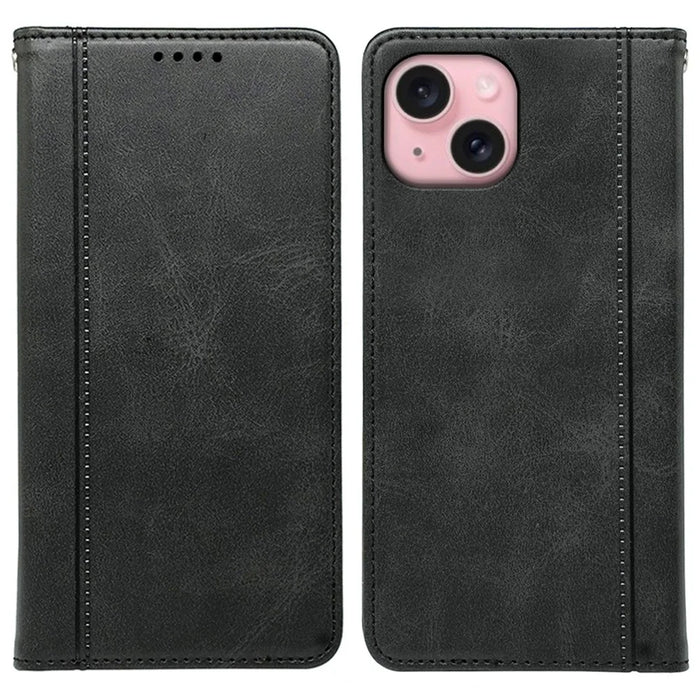 For iPhone 14 Case Hidden Magnetic Closure Calf Texture Leather Phone Cover - Black - 1