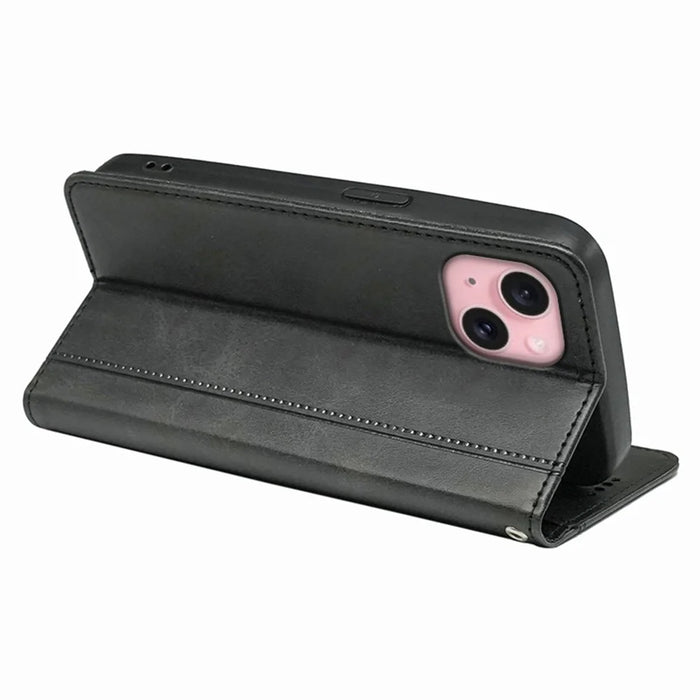 For iPhone 14 Case Hidden Magnetic Closure Calf Texture Leather Phone Cover - Black - 4