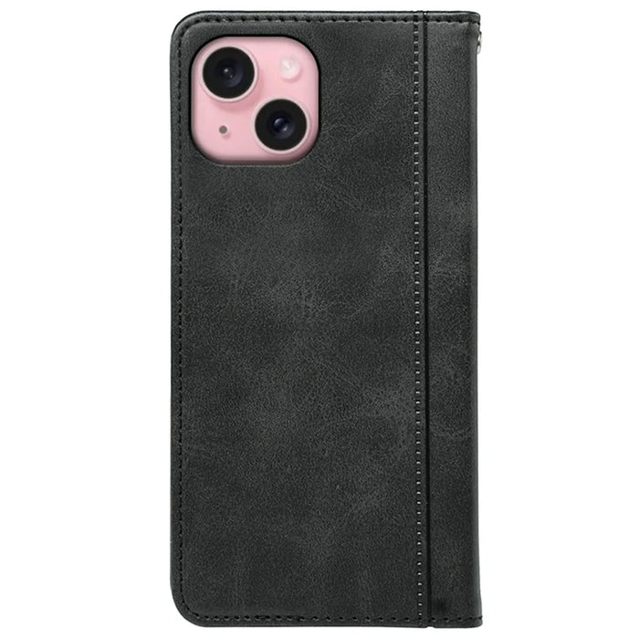 For iPhone 14 Case Hidden Magnetic Closure Calf Texture Leather Phone Cover - Black - 6