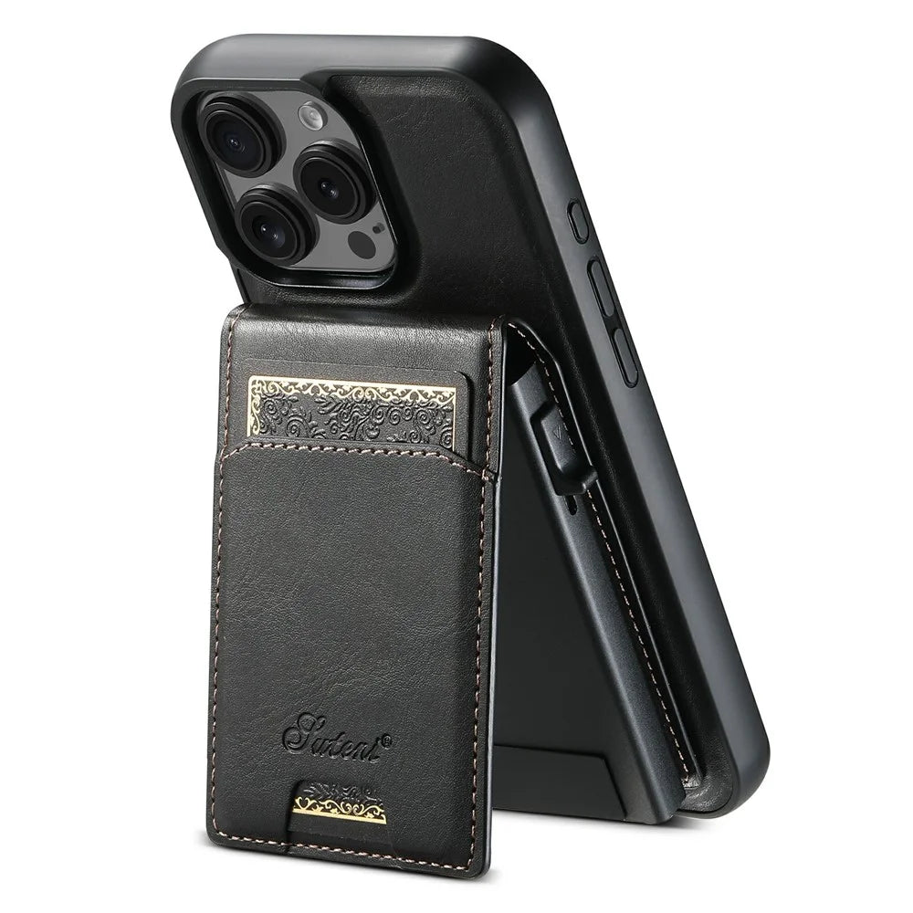 SUTENI H19 For iPhone 16 Pro Max Magnetic Case Waxy Texture Card Slots Leather Back Phone Cover - Black - 1