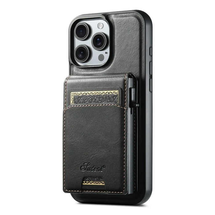 SUTENI H19 For iPhone 16 Pro Max Magnetic Case Waxy Texture Card Slots Leather Back Phone Cover - Black - 2