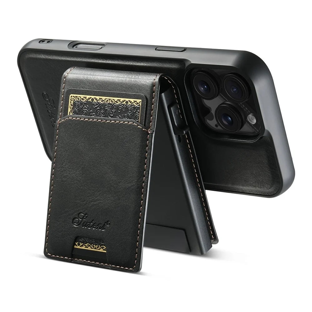SUTENI H19 For iPhone 16 Pro Max Magnetic Case Waxy Texture Card Slots Leather Back Phone Cover - Black - 5