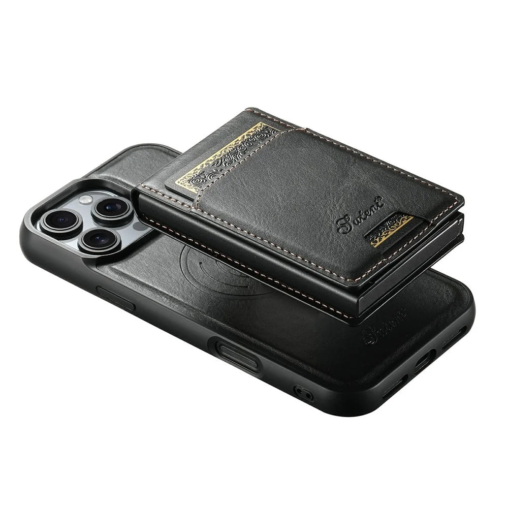 SUTENI H19 For iPhone 16 Pro Max Magnetic Case Waxy Texture Card Slots Leather Back Phone Cover - Black - 6