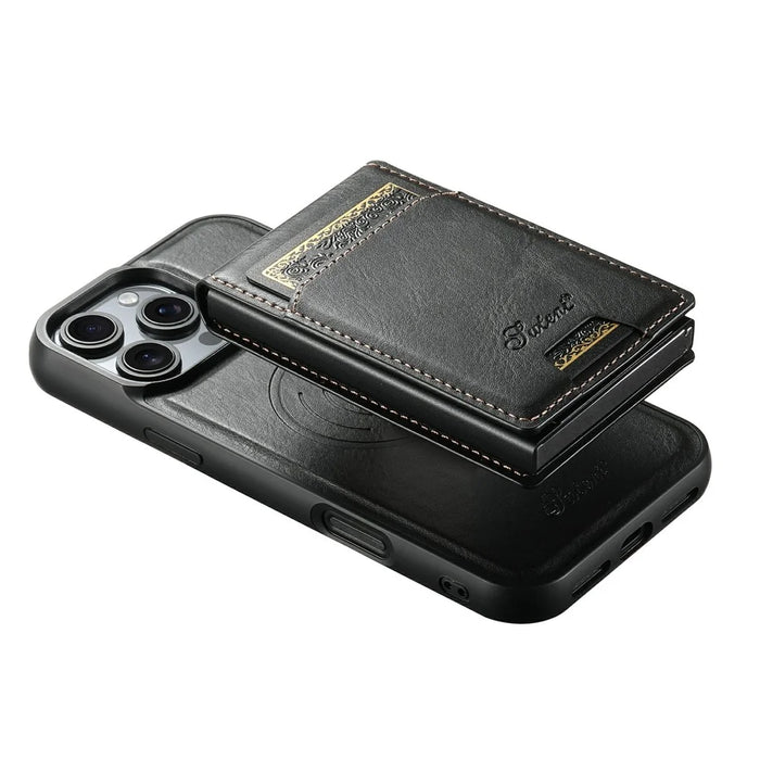 SUTENI H19 For iPhone 16 Pro Max Magnetic Case Waxy Texture Card Slots Leather Back Phone Cover - Black - 6