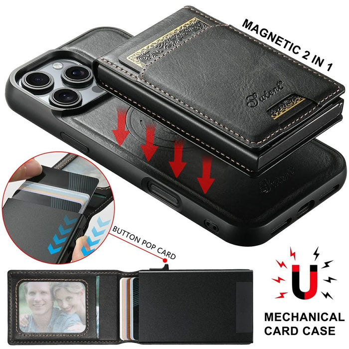 SUTENI H19 For iPhone 16 Pro Max Magnetic Case Waxy Texture Card Slots Leather Back Phone Cover - Black - 7