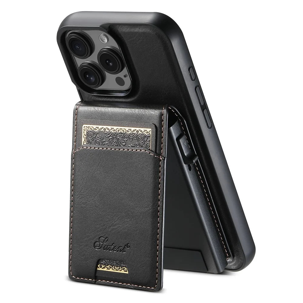 SUTENI H19 For iPhone 16 Pro Magnetic Case Waxy Texture Card Slots Leather Back Phone Cover - Black - 1