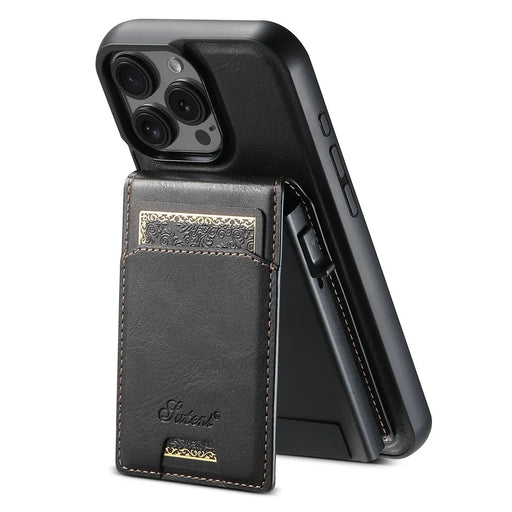SUTENI H19 For iPhone 16 Pro Magnetic Case Waxy Texture Card Slots Leather Back Phone Cover - Black - 1