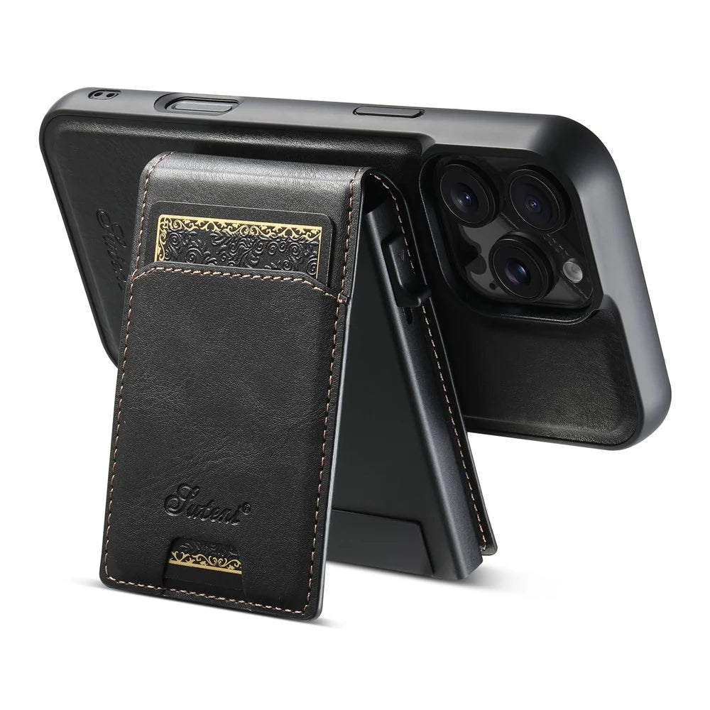 SUTENI H19 For iPhone 16 Pro Magnetic Case Waxy Texture Card Slots Leather Back Phone Cover - Black - 5