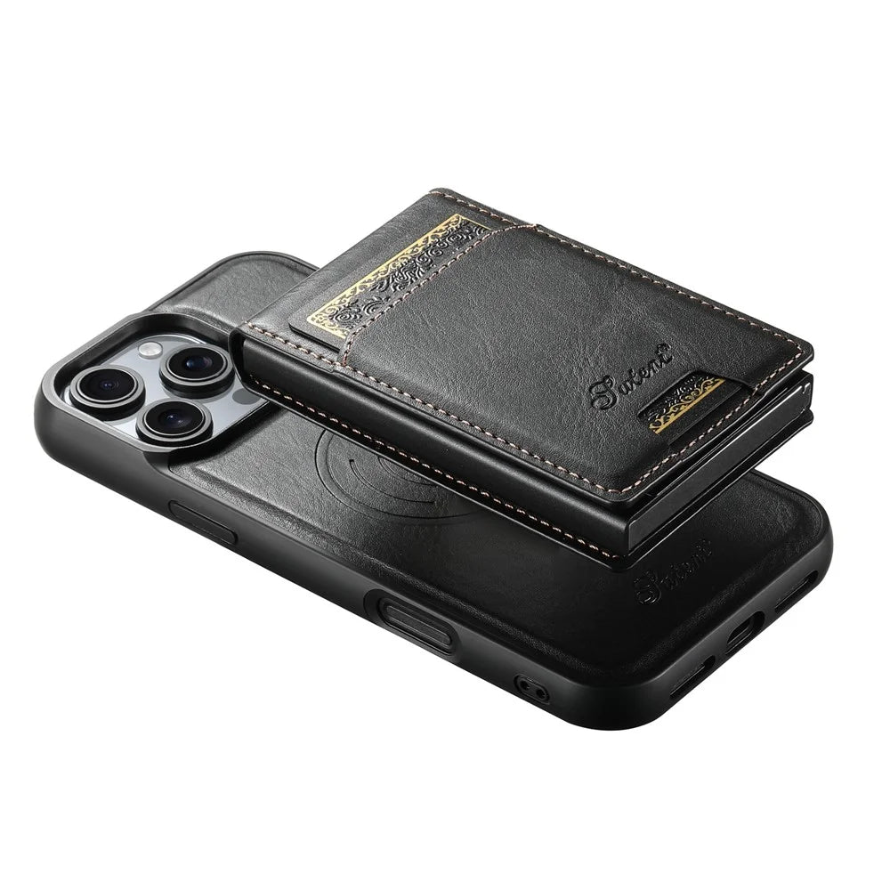 SUTENI H19 For iPhone 16 Pro Magnetic Case Waxy Texture Card Slots Leather Back Phone Cover - Black - 6
