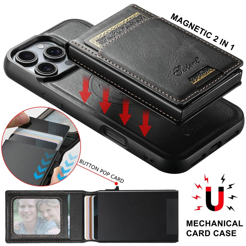 SUTENI H19 For iPhone 16 Pro Magnetic Case Waxy Texture Card Slots Leather Back Phone Cover - Black - 7
