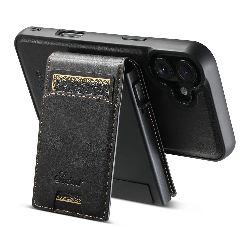 SUTENI H19 For iPhone 16 Plus Magnetic Case Waxy Texture Card Slots Leather Back Phone Cover - Black - 4