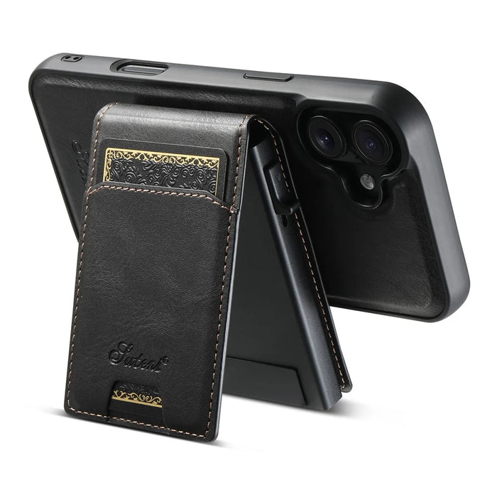 SUTENI H19 For iPhone 16 Plus Magnetic Case Waxy Texture Card Slots Leather Back Phone Cover - Black - 4