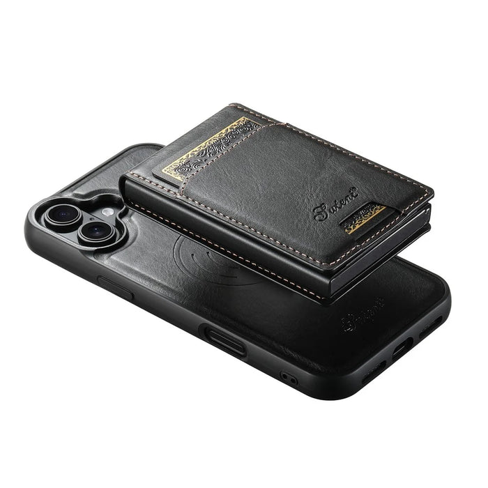 SUTENI H19 For iPhone 16 Plus Magnetic Case Waxy Texture Card Slots Leather Back Phone Cover - Black - 5