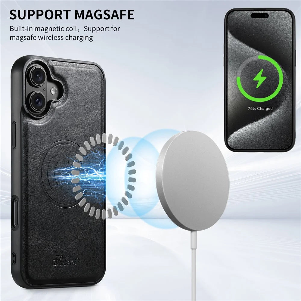 SUTENI H19 For iPhone 16 Plus Magnetic Case Waxy Texture Card Slots Leather Back Phone Cover - Black - 7