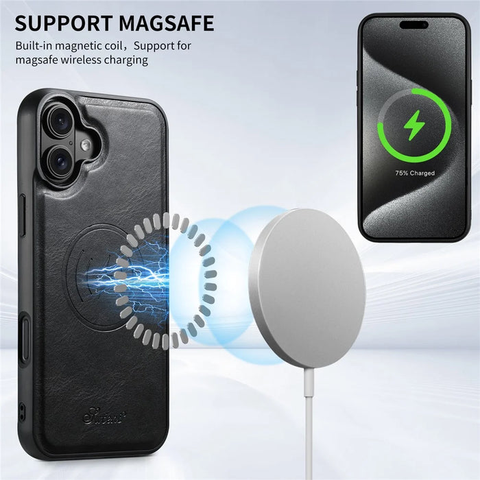 SUTENI H19 For iPhone 16 Plus Magnetic Case Waxy Texture Card Slots Leather Back Phone Cover - Black - 7