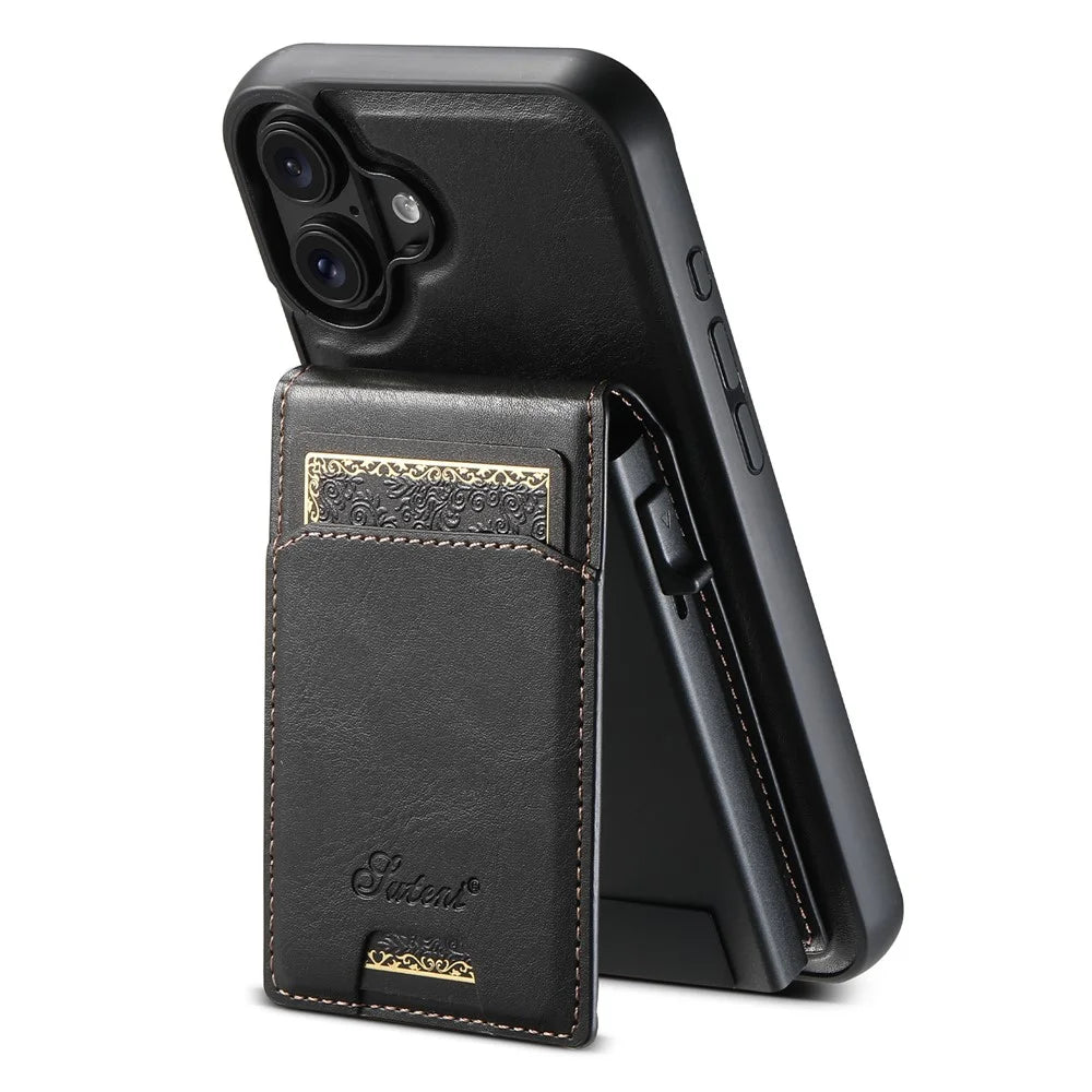 SUTENI H19 For iPhone 16 Magnetic Case Waxy Texture Card Slots Leather Back Phone Cover - Black - 1