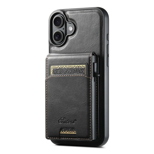 SUTENI H19 For iPhone 16 Magnetic Case Waxy Texture Card Slots Leather Back Phone Cover - Black - 2