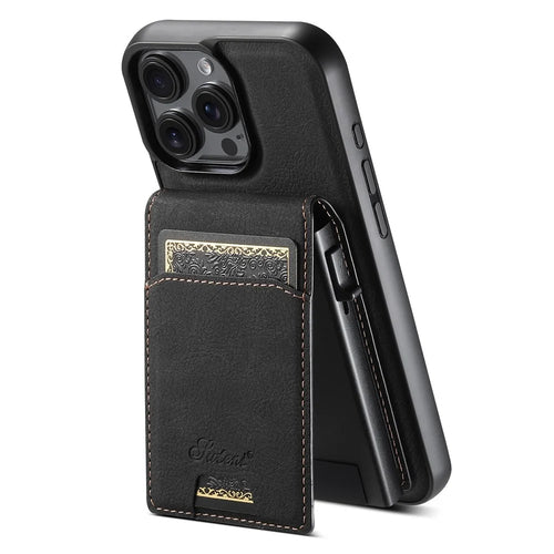 SUTENI H19 For iPhone 16 Pro Max Magnetic Case Card Holder Kickstand Litchi Texture Leather Back Cover - Black - 1