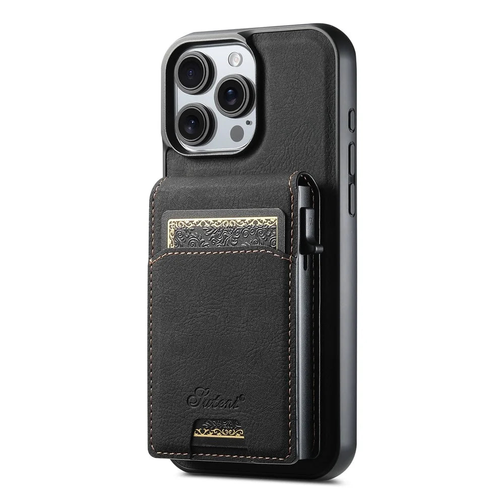 SUTENI H19 For iPhone 16 Pro Max Magnetic Case Card Holder Kickstand Litchi Texture Leather Back Cover - Black - 2