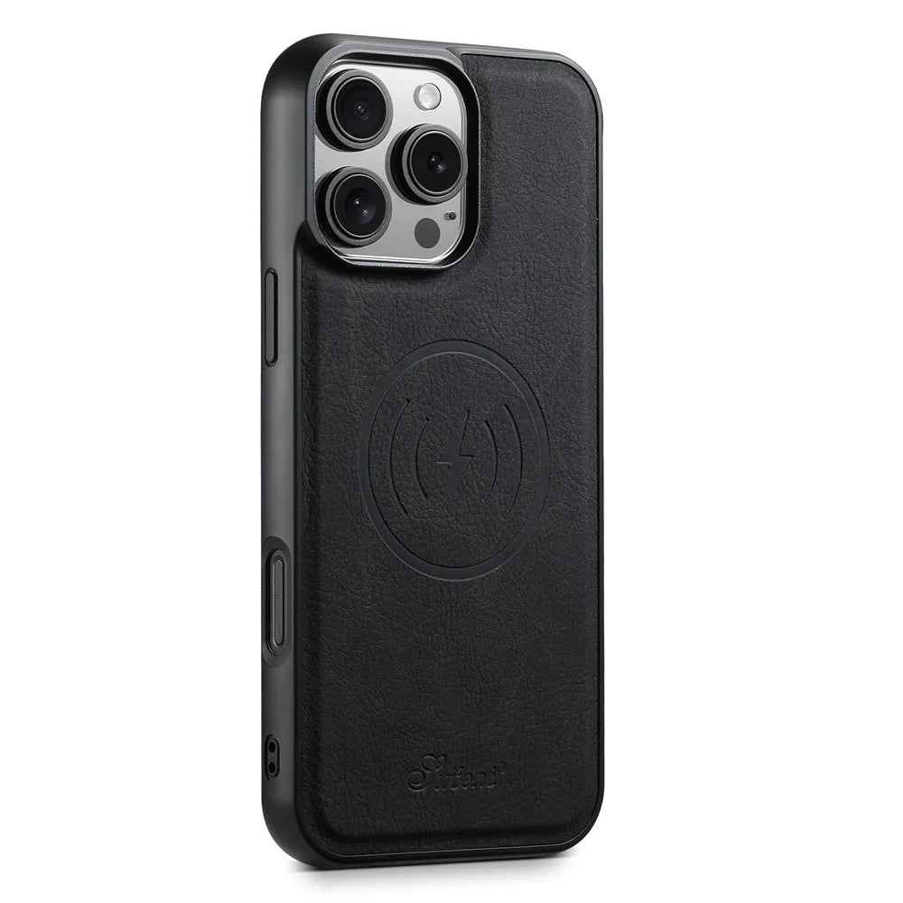 SUTENI H19 For iPhone 16 Pro Max Magnetic Case Card Holder Kickstand Litchi Texture Leather Back Cover - Black - 3