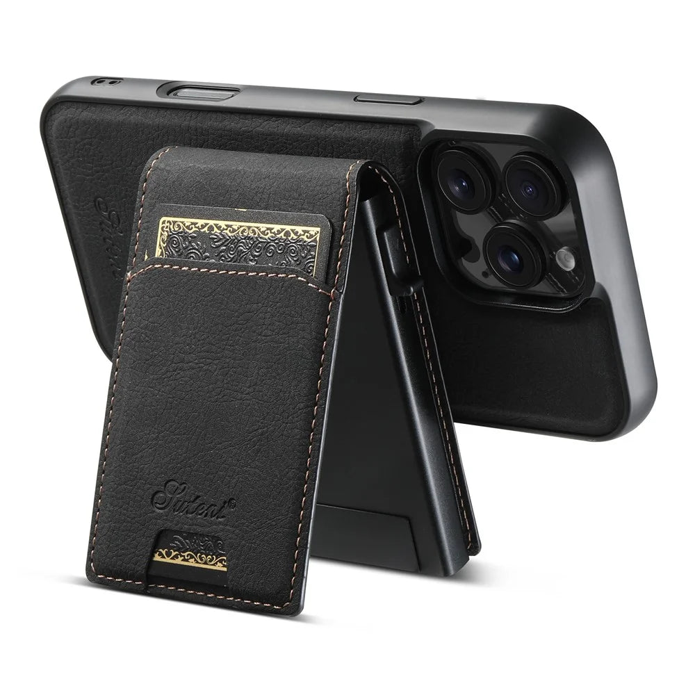 SUTENI H19 For iPhone 16 Pro Max Magnetic Case Card Holder Kickstand Litchi Texture Leather Back Cover - Black - 4