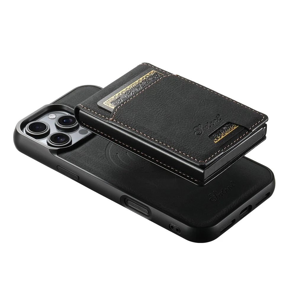 SUTENI H19 For iPhone 16 Pro Max Magnetic Case Card Holder Kickstand Litchi Texture Leather Back Cover - Black - 6