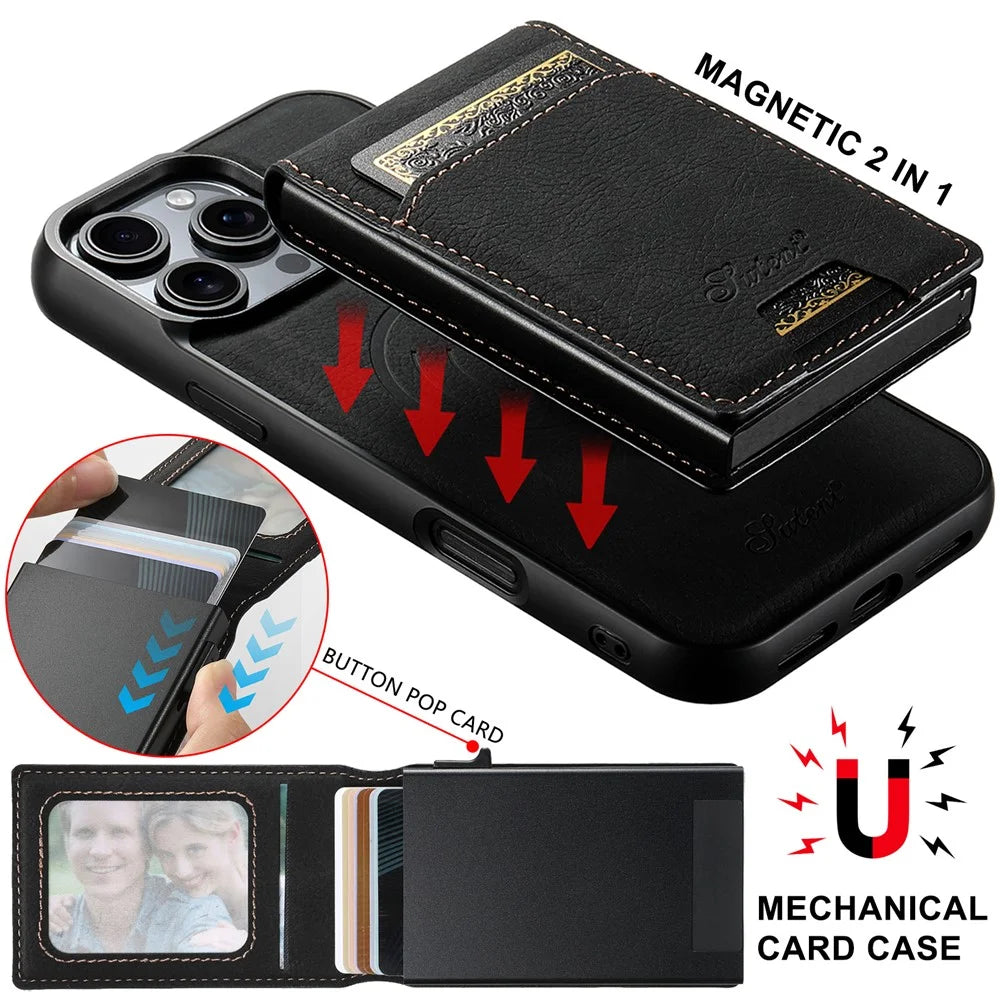 SUTENI H19 For iPhone 16 Pro Max Magnetic Case Card Holder Kickstand Litchi Texture Leather Back Cover - Black - 7