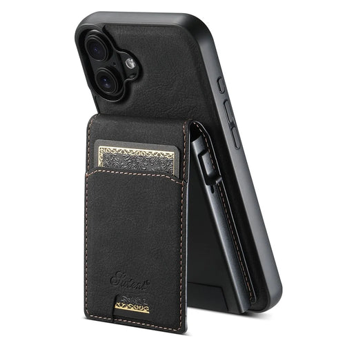 SUTENI H19 For iPhone 16 Plus Magnetic Case Card Holder Kickstand Litchi Texture Leather Back Cover - Black - 1