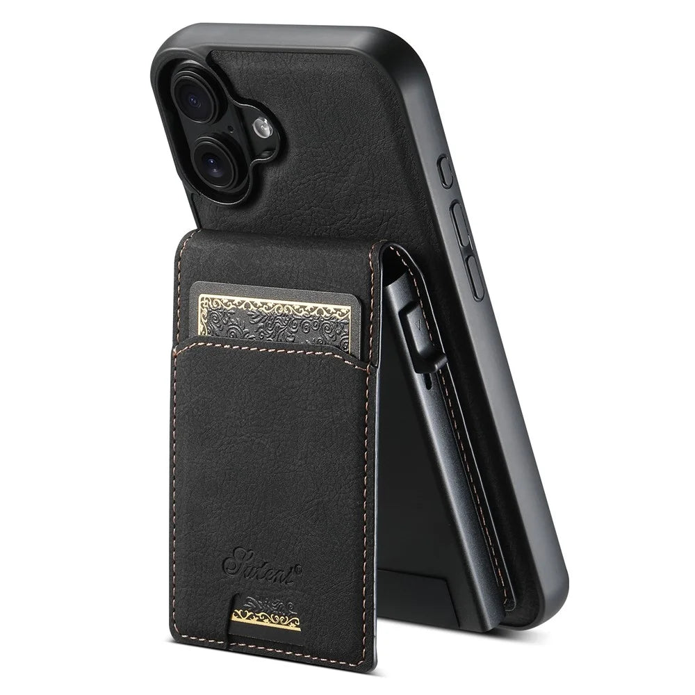 SUTENI H19 For iPhone 16 Plus Magnetic Case Card Holder Kickstand Litchi Texture Leather Back Cover - Black - 1