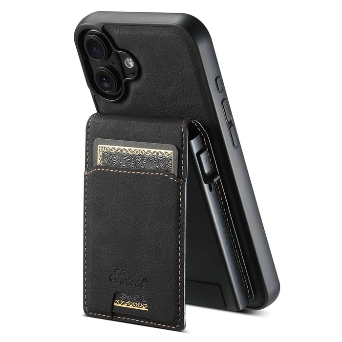 SUTENI H19 For iPhone 16 Plus Magnetic Case Card Holder Kickstand Litchi Texture Leather Back Cover - Black - 1