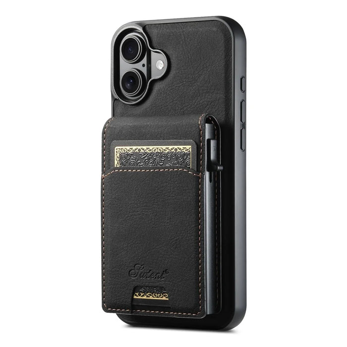 SUTENI H19 For iPhone 16 Plus Magnetic Case Card Holder Kickstand Litchi Texture Leather Back Cover - Black - 2