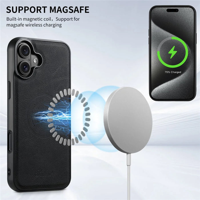 SUTENI H19 For iPhone 16 Plus Magnetic Case Card Holder Kickstand Litchi Texture Leather Back Cover - Black - 7