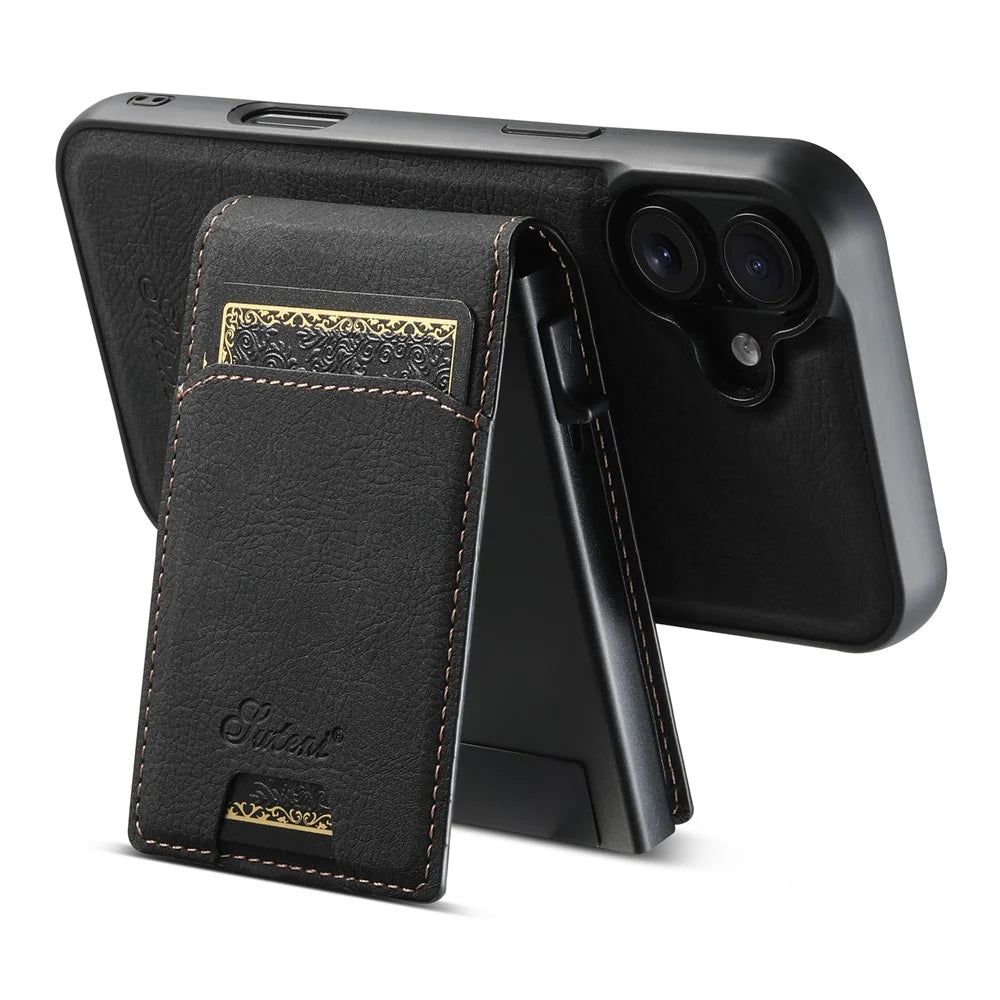 SUTENI H19 For iPhone 16 Magnetic Case Card Holder Kickstand Litchi Texture Leather Back Cover - Black - 4