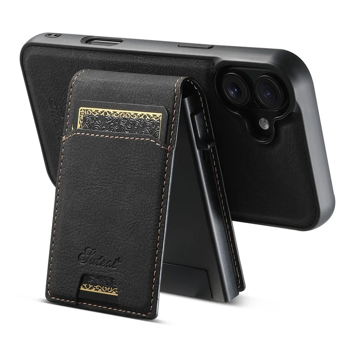 SUTENI H19 For iPhone 16 Magnetic Case Card Holder Kickstand Litchi Texture Leather Back Cover - Black - 4