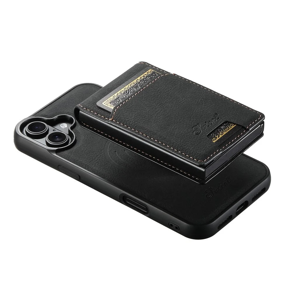 SUTENI H19 For iPhone 16 Magnetic Case Card Holder Kickstand Litchi Texture Leather Back Cover - Black - 5
