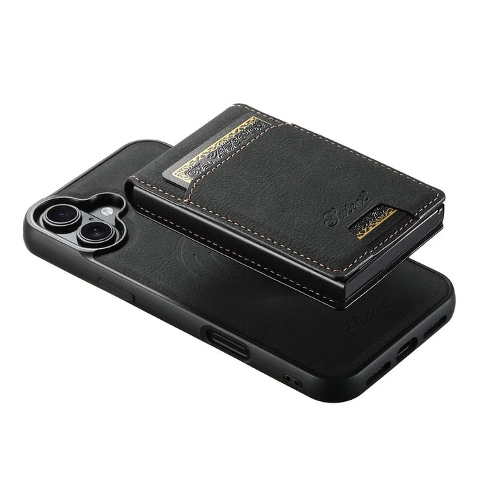 SUTENI H19 For iPhone 16 Magnetic Case Card Holder Kickstand Litchi Texture Leather Back Cover - Black - 5